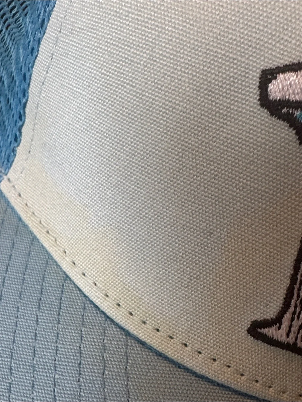 Patagonia Light Blue and Cream Kids Trucker Hat with Striped Bear Patch